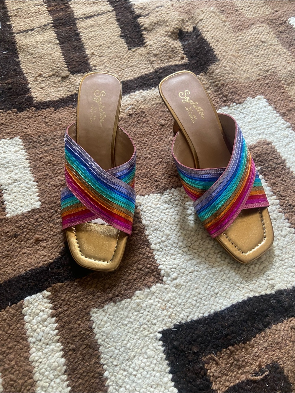 Seychelles Multicolor Rainbow Crisscross Slide Sandals with Gold Footbed
